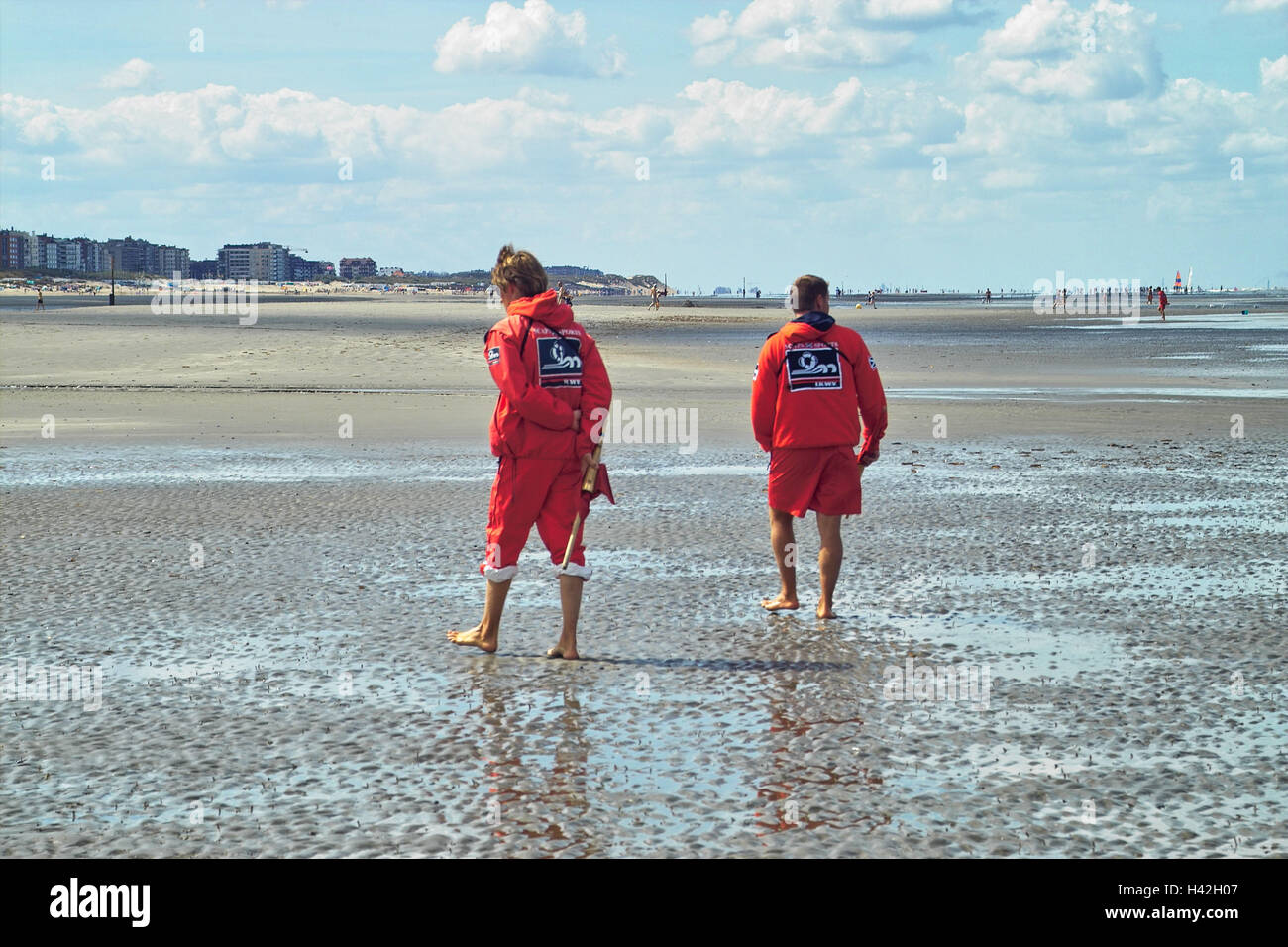 Sandy beach, low tide, Lifeguards, patrol, back view, beach, Sand