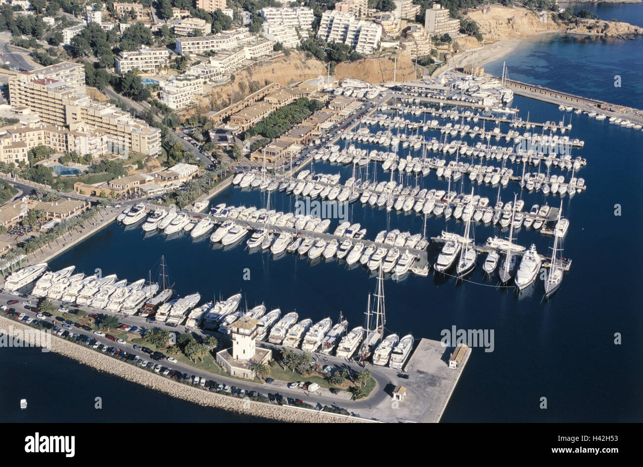 Spain, Majorca, Puerto portal, harbour, overview, the Mediterranean Sea, the Balearic Islands, island, town, harbour basin, yacht harbour, ships, boots, yachts, destination, holiday destination, tourism Stock Photo