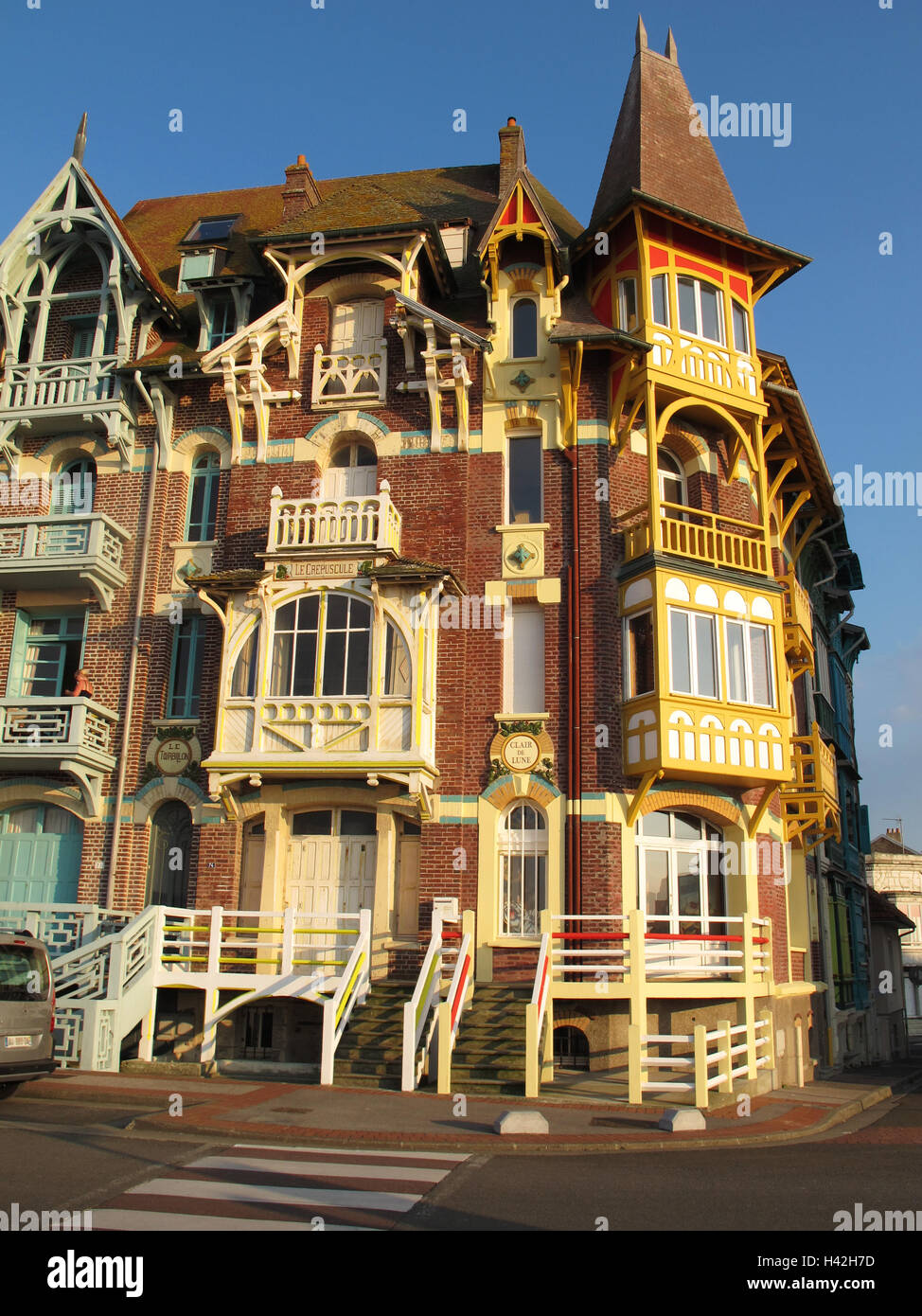 Mers-les-Bains sea front, villas Le Crepuscule and Claire de Lune, Somme, Picardie, Hauts-de-France, France Stock Photo