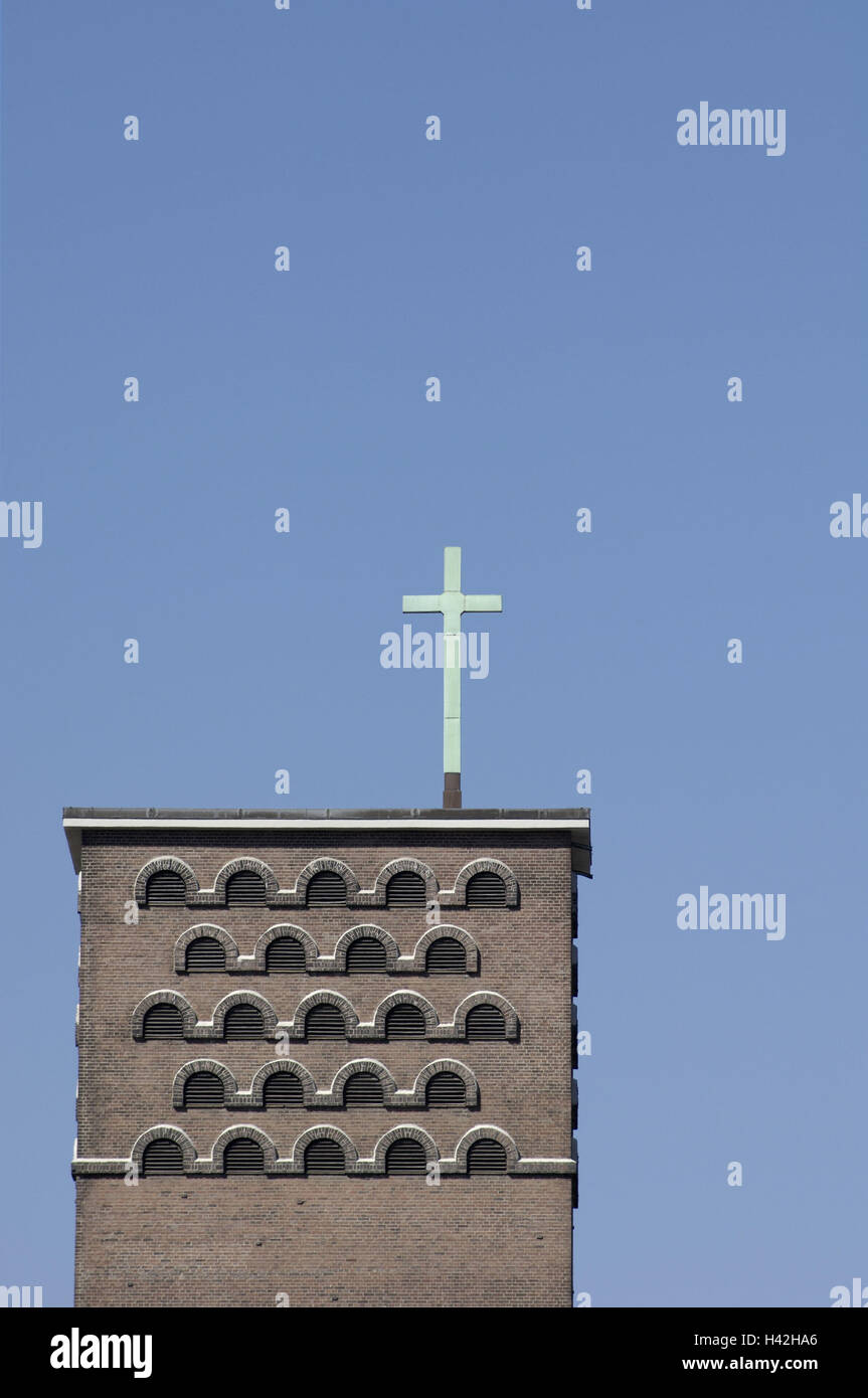 Steeple, cross,,    Buildings, construction, architecture, church, tower, religion, God, Christianity, Catholic, heavens, blue, Spiritualität, signs, symbol, beets, meditation, contemplation, hope, consciousness, piety, celibacy, bearings, place of worshi Stock Photo