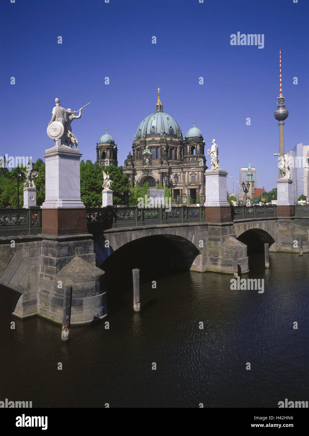 Germany, Berlin, Berlin cathedral, castle bridge, the Spree, Europe, capital, town, cathedral, main church, church, building, structure, architectural style, architecture, builds in 1894-1905, Julius Raschdorff, architecture, landmark, place of interest, bridge, sculptures, river, background, television tower, townscape Stock Photo