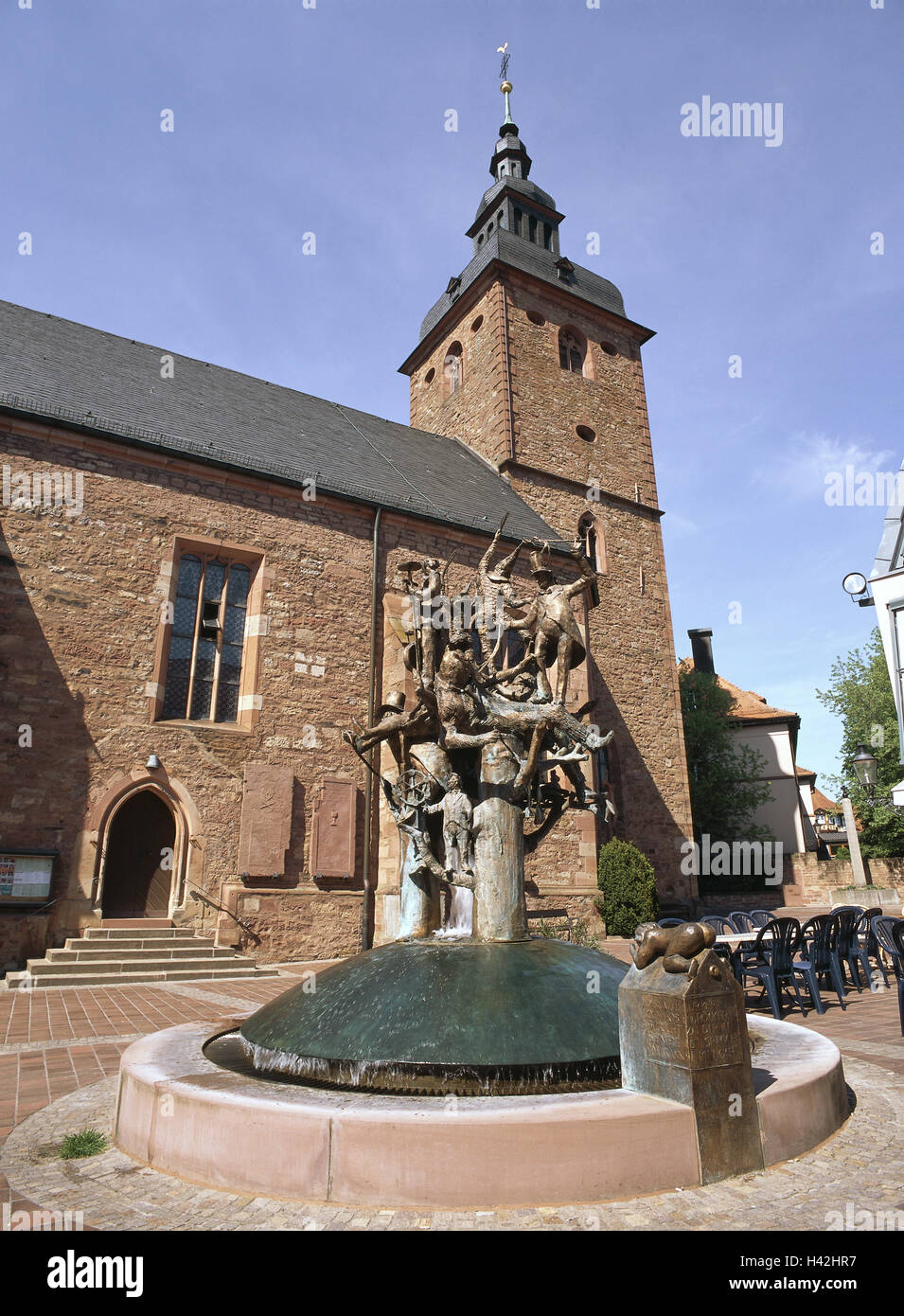 Germany, Baden-Wurttemberg, booking, church St. Oswald, fool's well Europe, ode wood, Neckar ode wood circle, town, church, sacred construction, Buchener bevel night, tradition, fool, monument, fool's monument, well, artist Joseph Michael Neustifter, land Stock Photo
