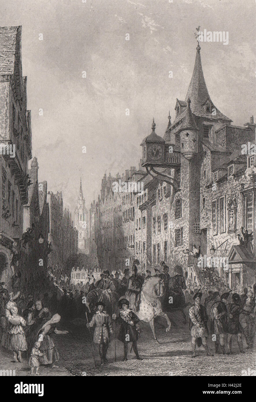 The Canongate, Edinburgh. 1822 procession King George IV Royal Mile. ALLOM c1840 Stock Photo