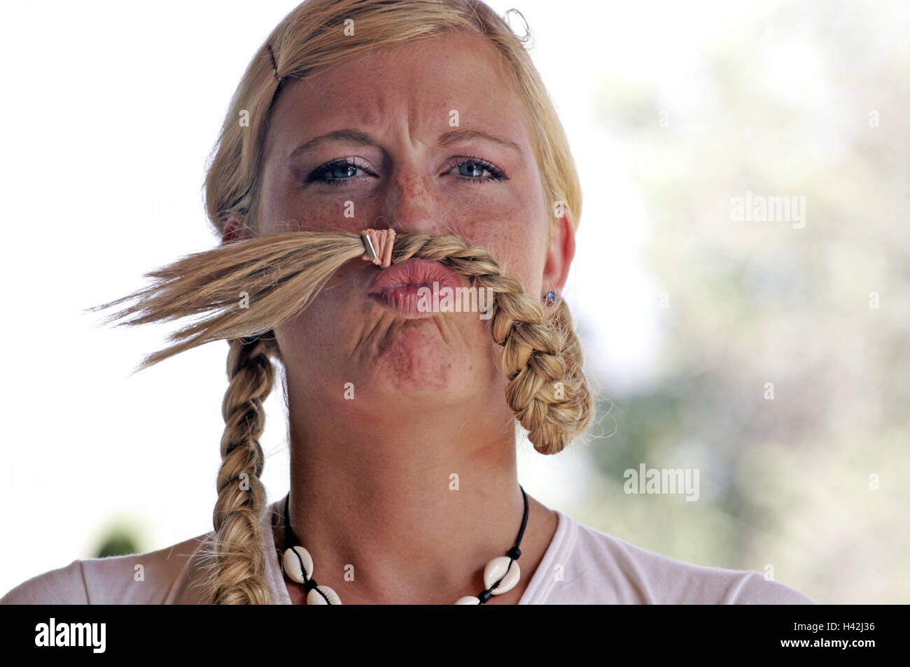 Woman Young Blond Braids Mustache Facial Expression
