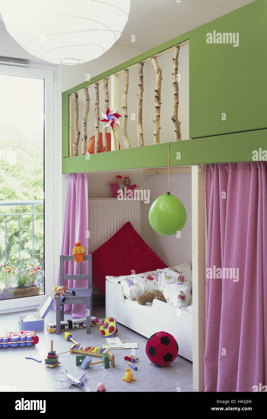 Nursery, bed, chair, toys, cluttered, Stock Photo
