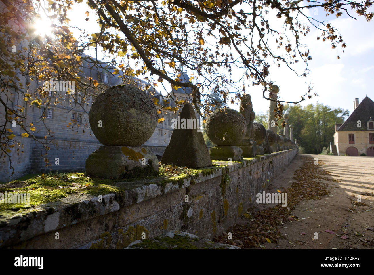 France, Burgundy, Saône-et-Loire, Chateau de Sully, castle defensive wall, detail, autumn mood, Stock Photo