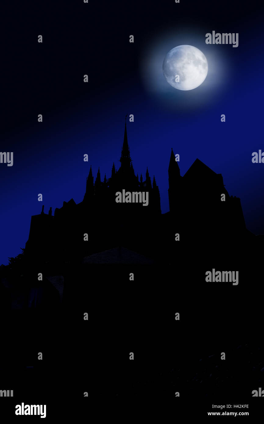 France, Normandy, some, Mont Saint Michel, abbey, towers, silhouette, full moon night, [M], Stock Photo