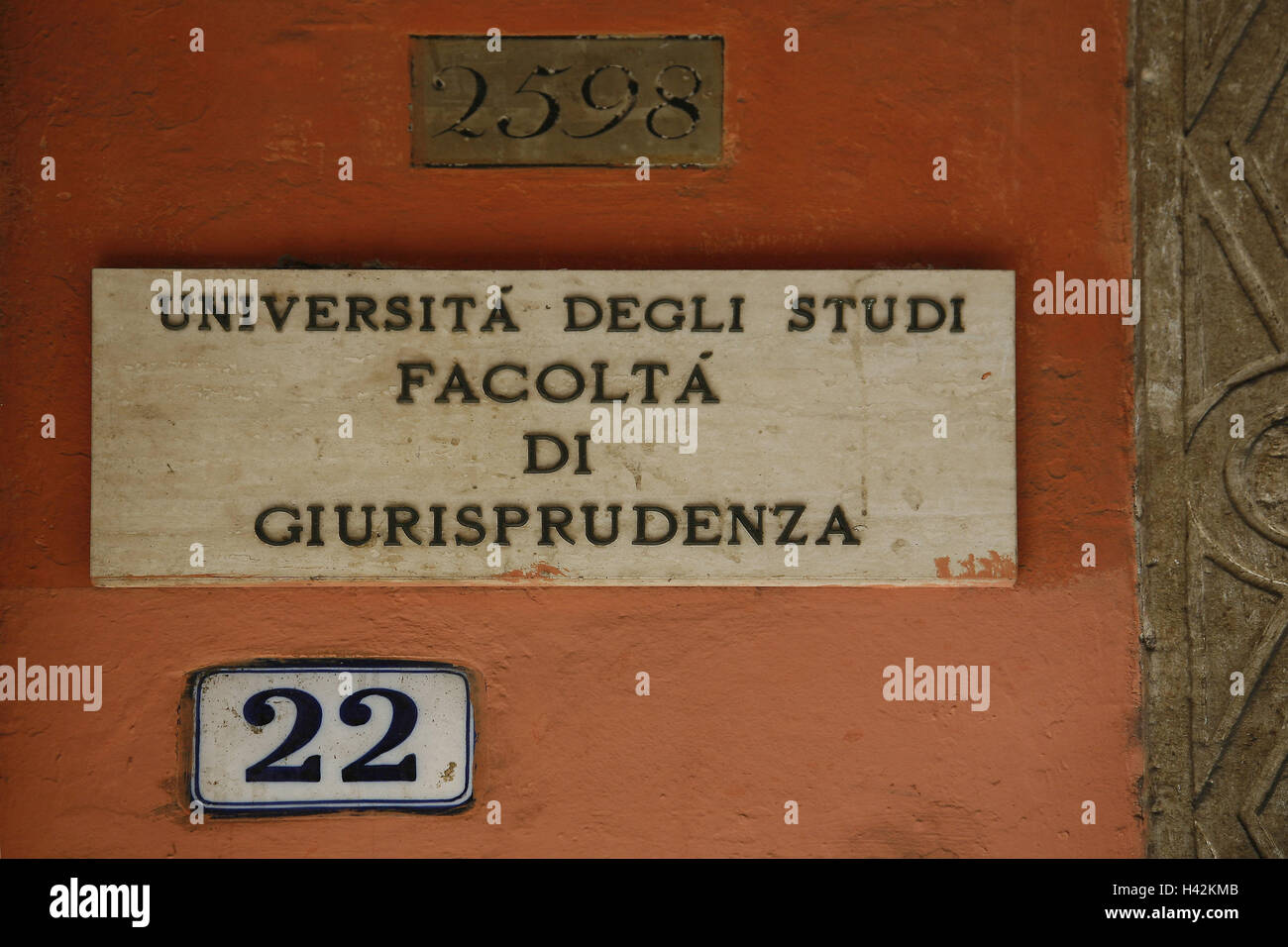 Italy, Emilia Romagna, Bologna, university, facade, via Zamboni, signs, detail, Europe, town, house number 22, education, educational institution, jurisprudence, Jura, place of interest, historically, building, outside, Stock Photo