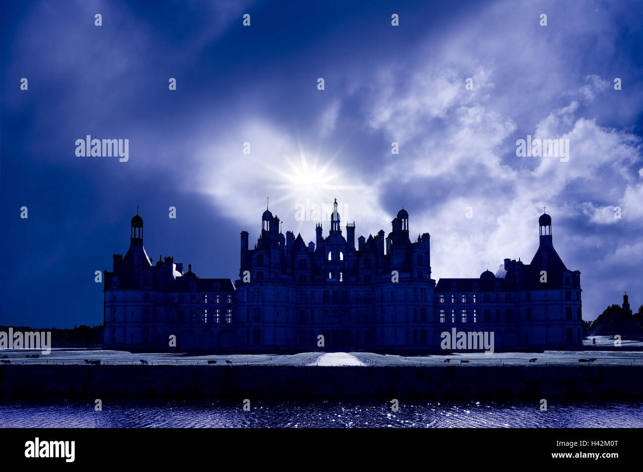 France, Loire, castle Chambord, cloudy sky, spectral filter blue, Stock Photo
