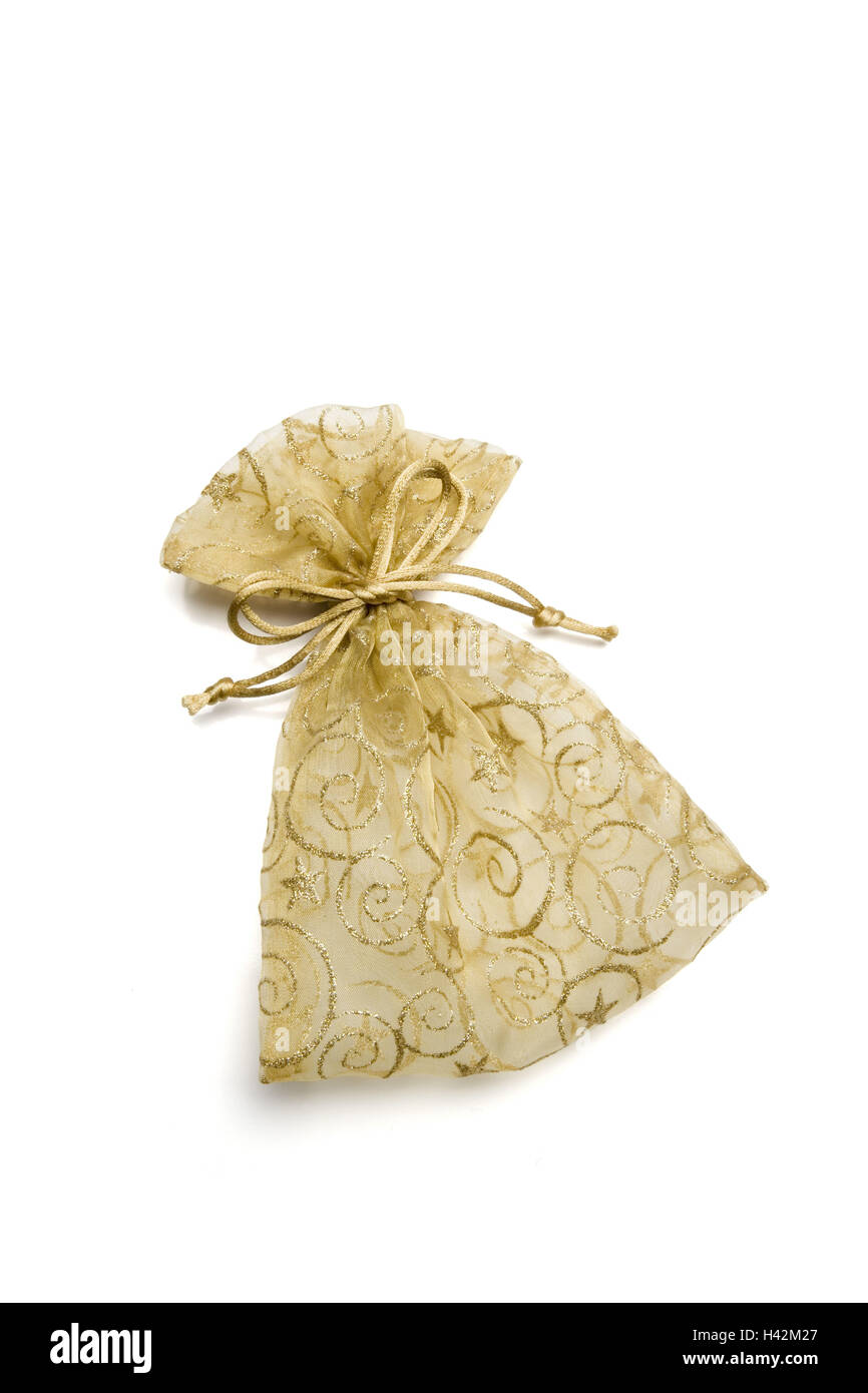 Gold colored organza bag on white background Stock Photo