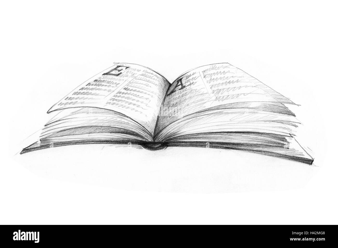 Book, opened, illustration, black-and-white, cut-out, Stock Photo