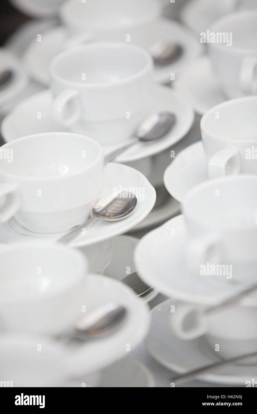 Coffee things, cleanly, stacked, dishes, cups, coffee cups, unterplates, know, spoon, coffee spoon, unused, many, preparation, provision, gastronomy, product photography, uncolored, Stock Photo