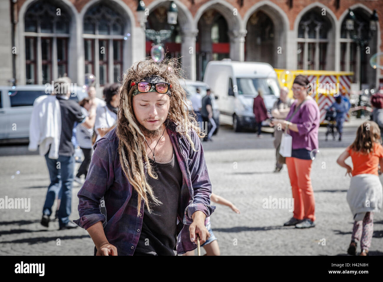 Big bubbles from the bubble blower at main square, Belgium, Bruges