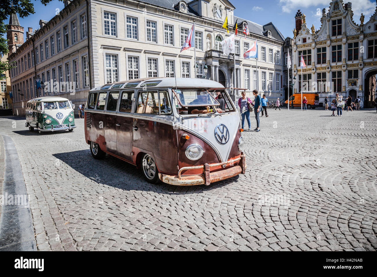 Old VW mini van in the streets of Bruge, Belgium Stock Photo