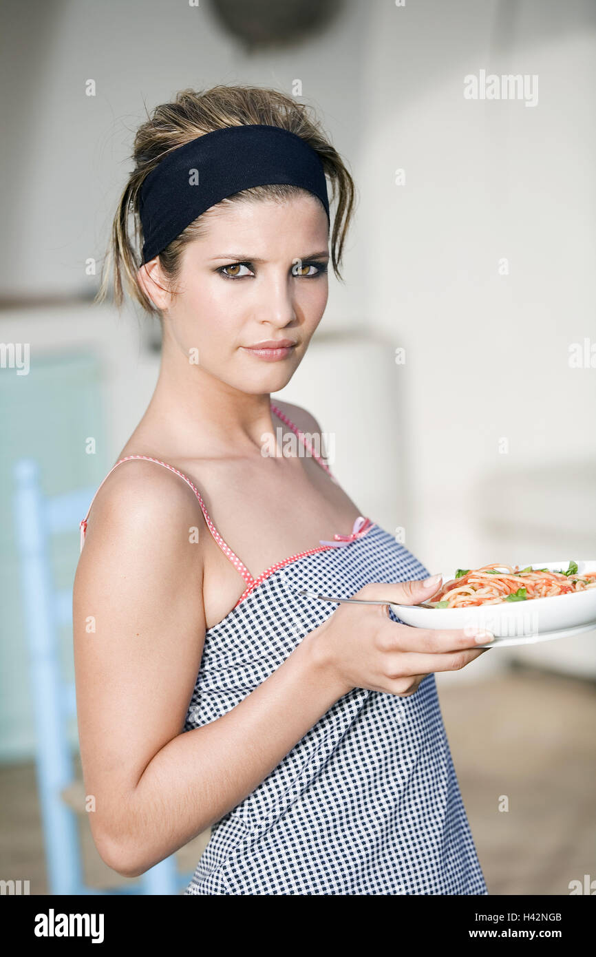 Woman, young, spaghetti, eats, portrait, Stock Photo