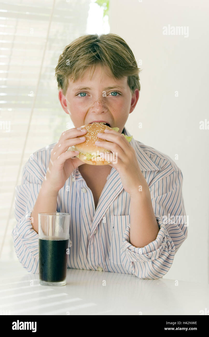 Boy, hamburger, eat, coke, table, portrait, Stock Photo
