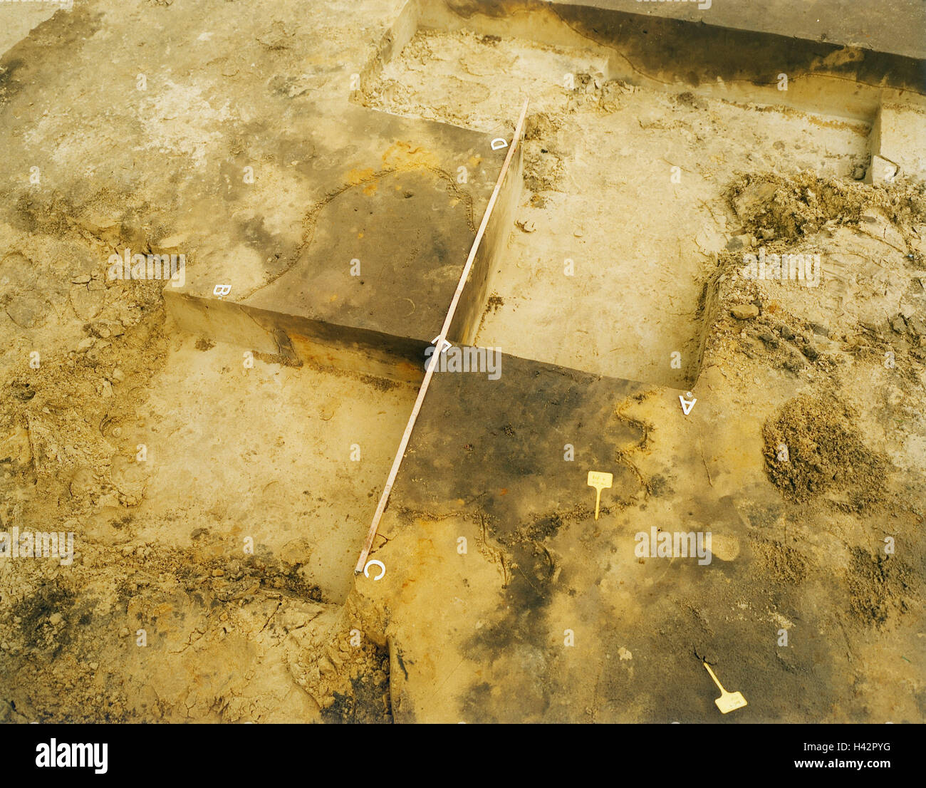 Germany, archeology, Kalkriese, Wiehengebirge, Varusschlacht, loamy soil, Battle of the Teutoburg Forest, Clades Variana, Varian disaster, Arminius, Hermann, excavation site, discovery, research, excavation, science, elevated view, sand, bird's-eye view, Stock Photo
