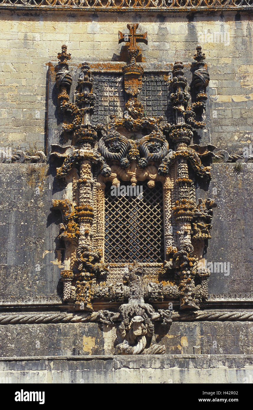 Portugal, Tomar, Christ's cloister, Convento de Cristo, chapter house, window, manuelisch, Janela Th Capitulo, Europe, town, landmark, place of interest, cloister, cloister plant, building, detail, building detail, Templar, UNESCO-world cultural heritage, Christ's order, Christ's knight, historically, in 1162, Stock Photo
