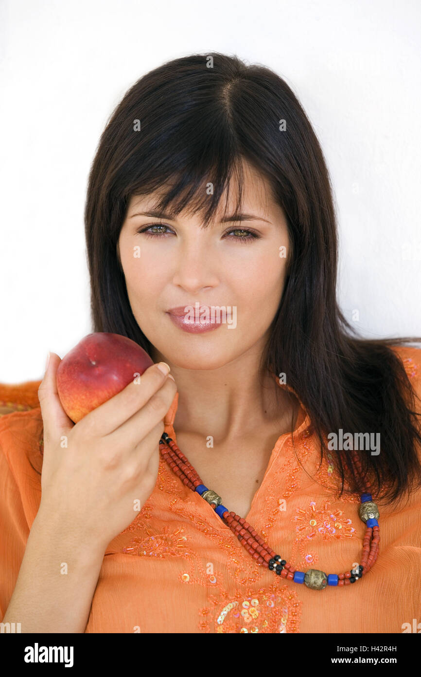 Woman, sit young, dark-haired, fruit, summer clothes, portrait, Stock Photo