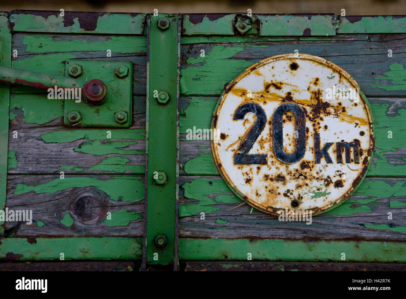 Tempo sign, old, tractor, medium close-up, detail, Stock Photo