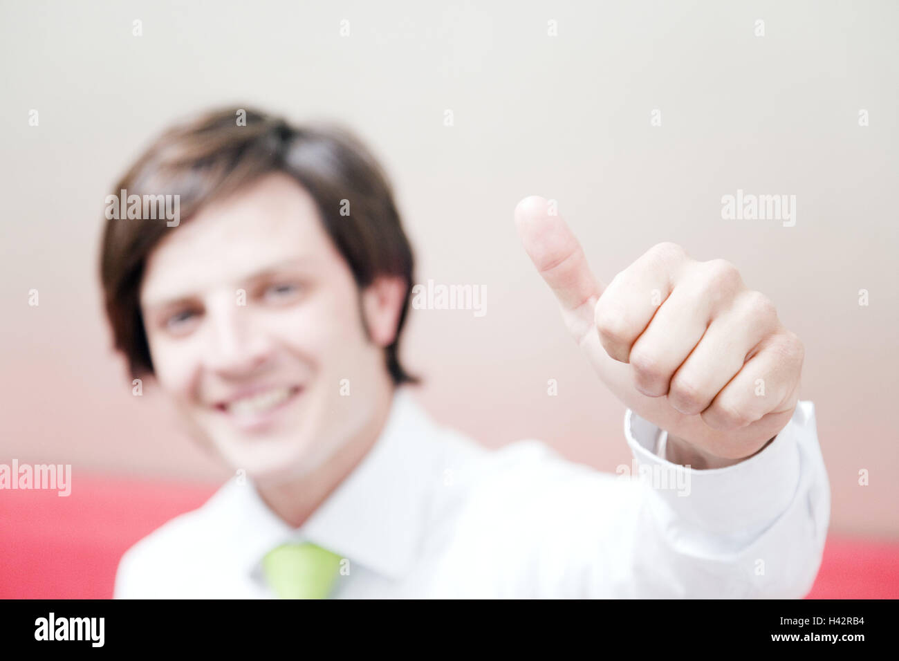 Businessman, shirt, tie, laugh, gesture, pollex high, portrait, blur, person, man, manager, business, work, occupation, occupational beginner, laxly, casually, self-confidently, self-assurance, career, success, purposefully, future, inside, satisfaction, Stock Photo