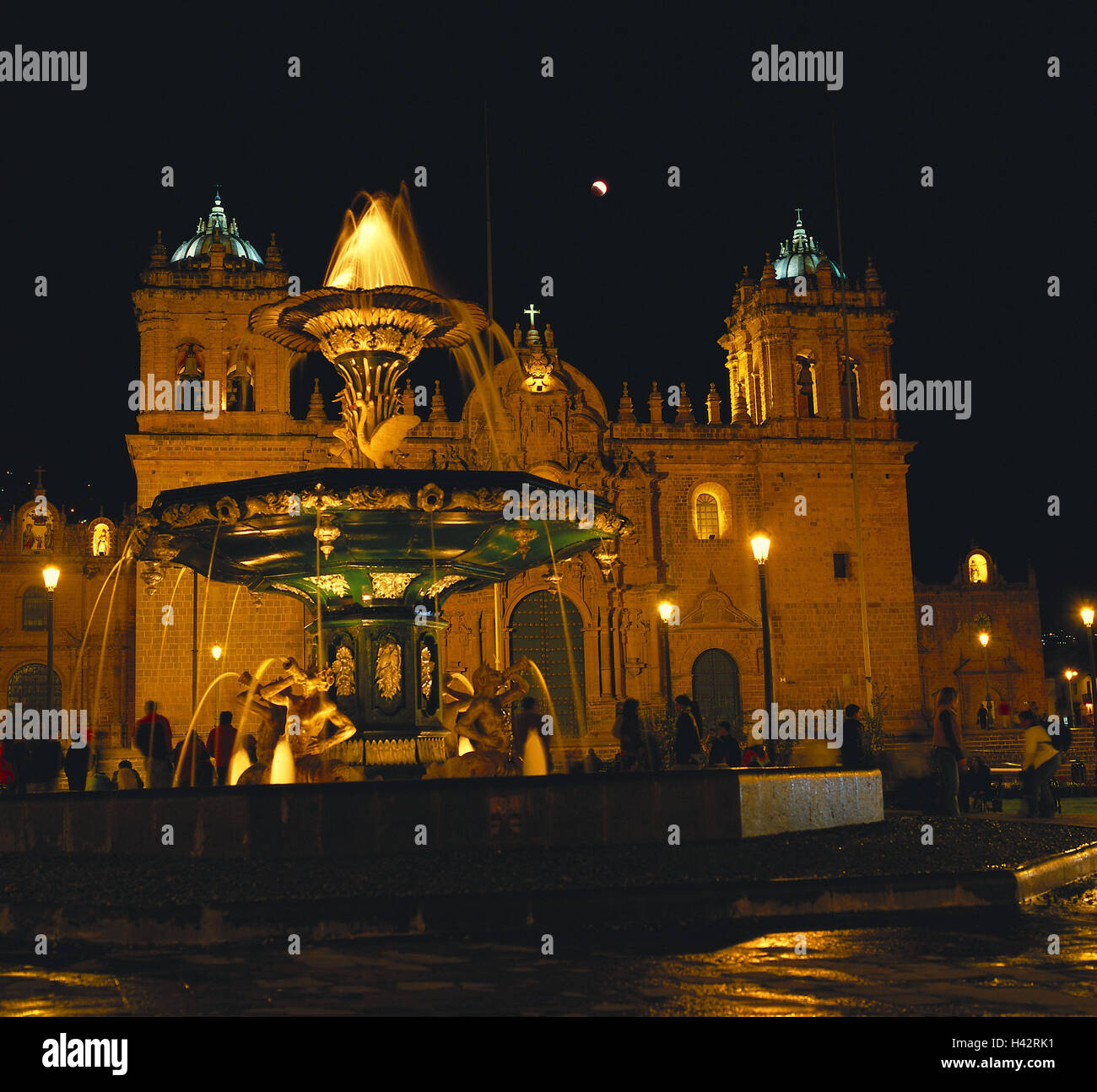 Peru, Cuzco, plaza de Armas, fountains, cathedral, night, moon, South