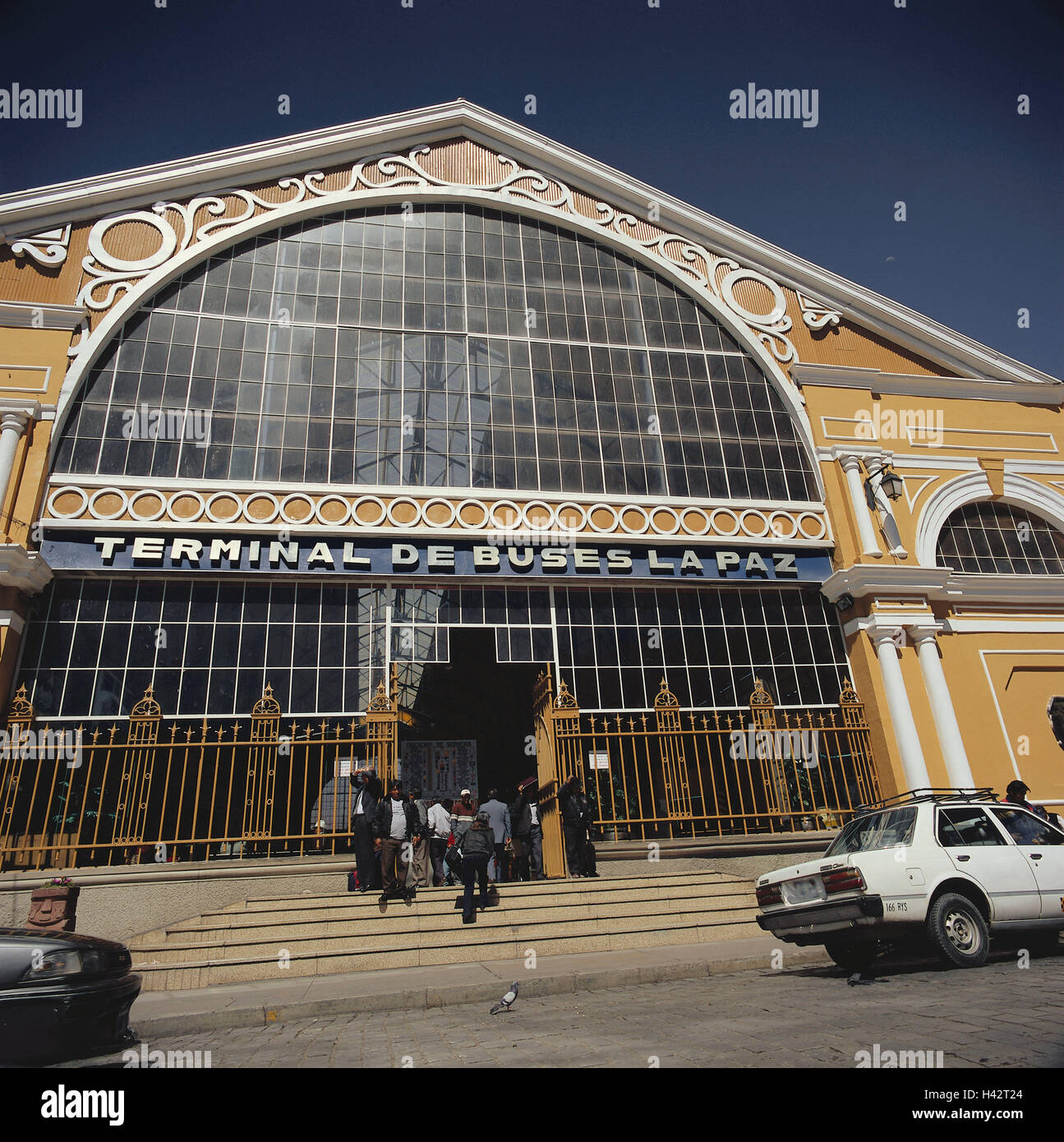 Bolivia, La Paz, bus terminal, South America, town, city, capital, building, architecture, facade, input, stairs, person, outside, Stock Photo