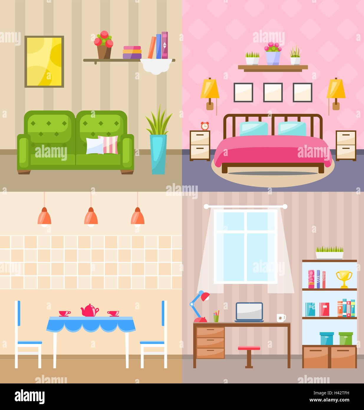 Set Room Interiors with Furniture Flat Icons Stock Vector Image & Art ...