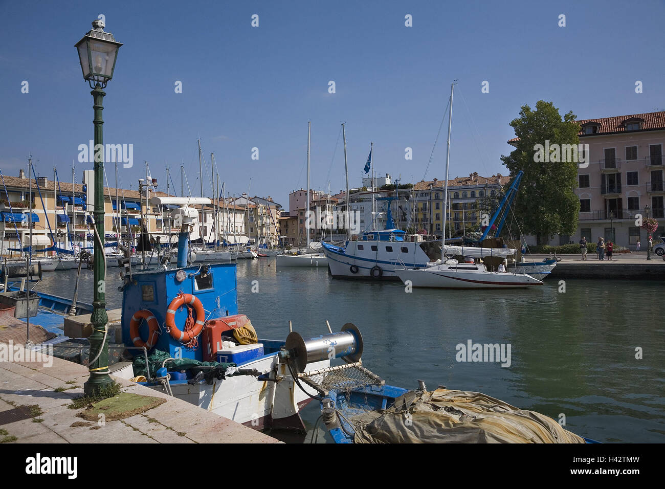 Italy, Grado, town view, harbour, town, houses, residential houses, harbour basins, fishing harbour, boots, yachts, fishing boats, destination, tourism, Stock Photo