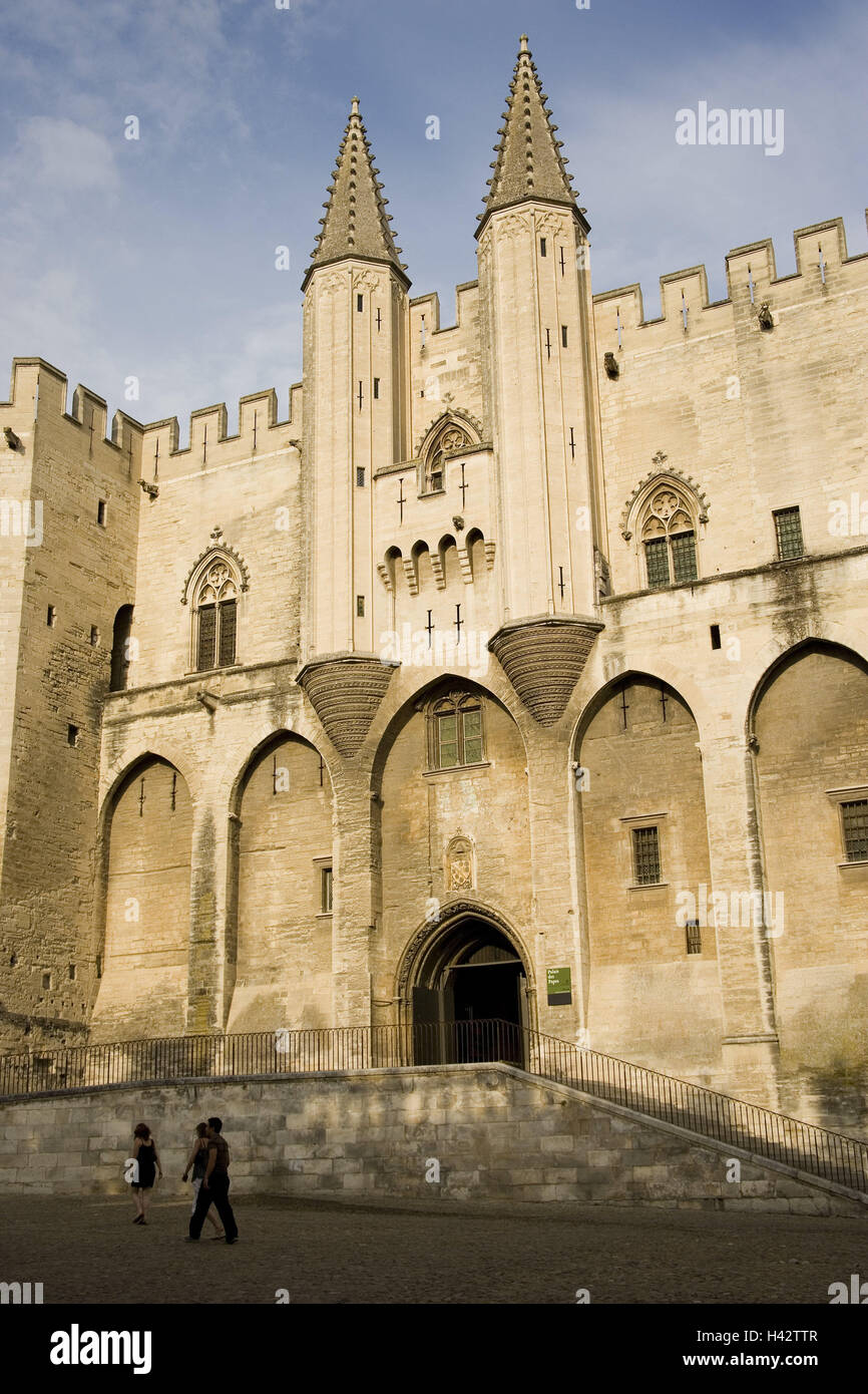 France, Provence, Avignon, pope's palace, passer-by, town, doubles palace, palace, Palais-Nouveau, fortress-like, structure, place of interest, architecture, culture, tourism, tourist, person, Stock Photo