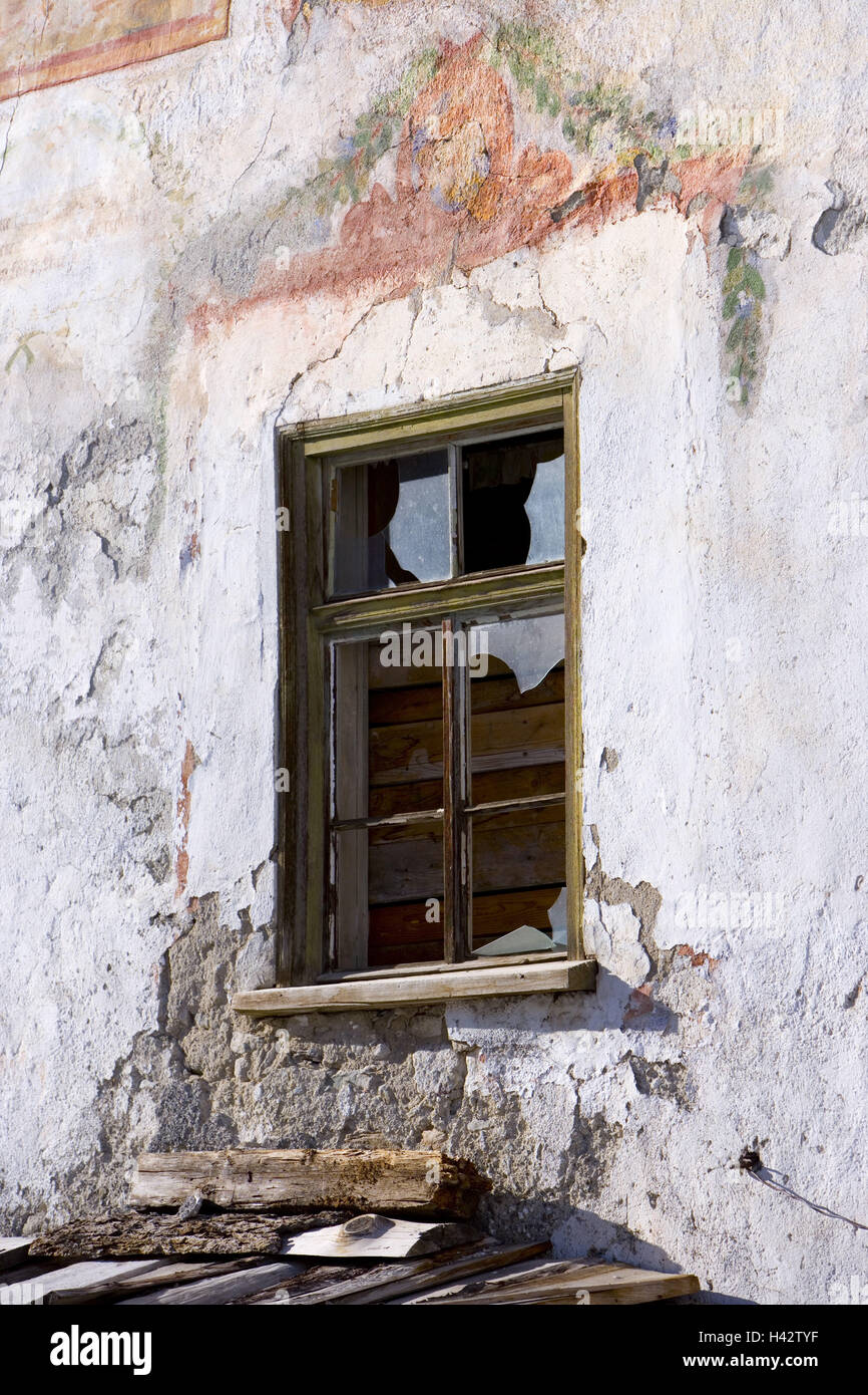 Farmhouse, old, detail, facade, window, broken, Stock Photo