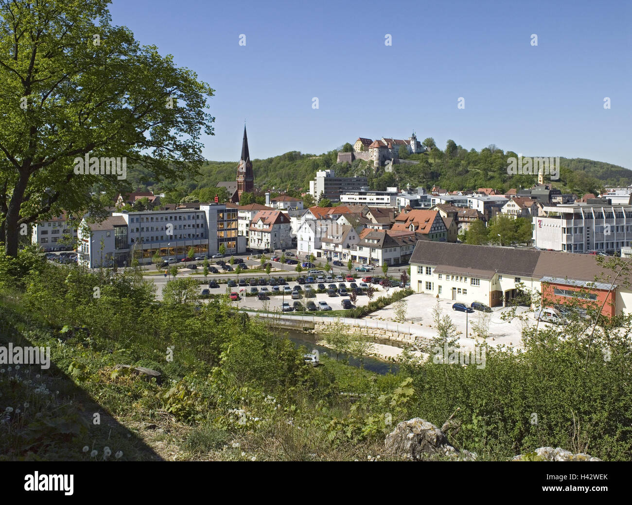 Germany, Baden-Wurttemberg, moor home, dead person's mountain, view, town overview, castle light stone, Stock Photo