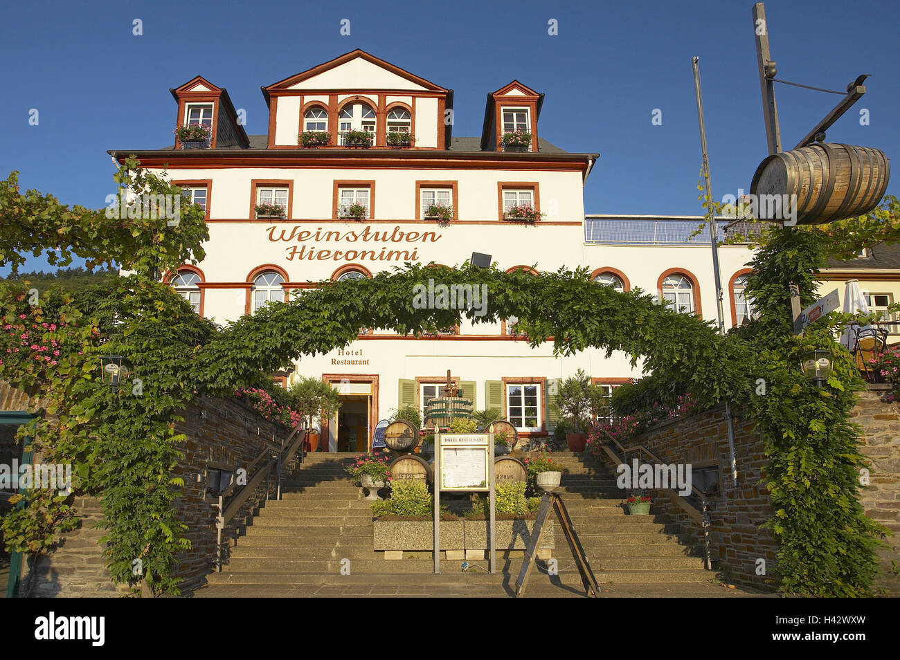 Germany, Rhineland-Palatinate, Cochem, Old Town, 'Weinstuben Hieronimi', stairs, Moselle valley, wine region, wine-growing area, tourism, destination, place of interest, building, architecture, house, facade, bar, gastronomy, Weinschänke, wine casks, bows, covered, climbing plant, wine, outside, sunny, deserted, Stock Photo