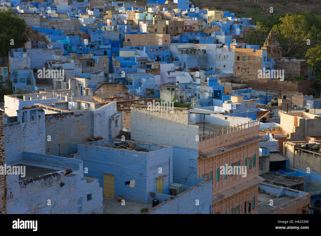 India, Rajasthan, Jodhpur, town view, residential houses, facades, blue, Stock Photo