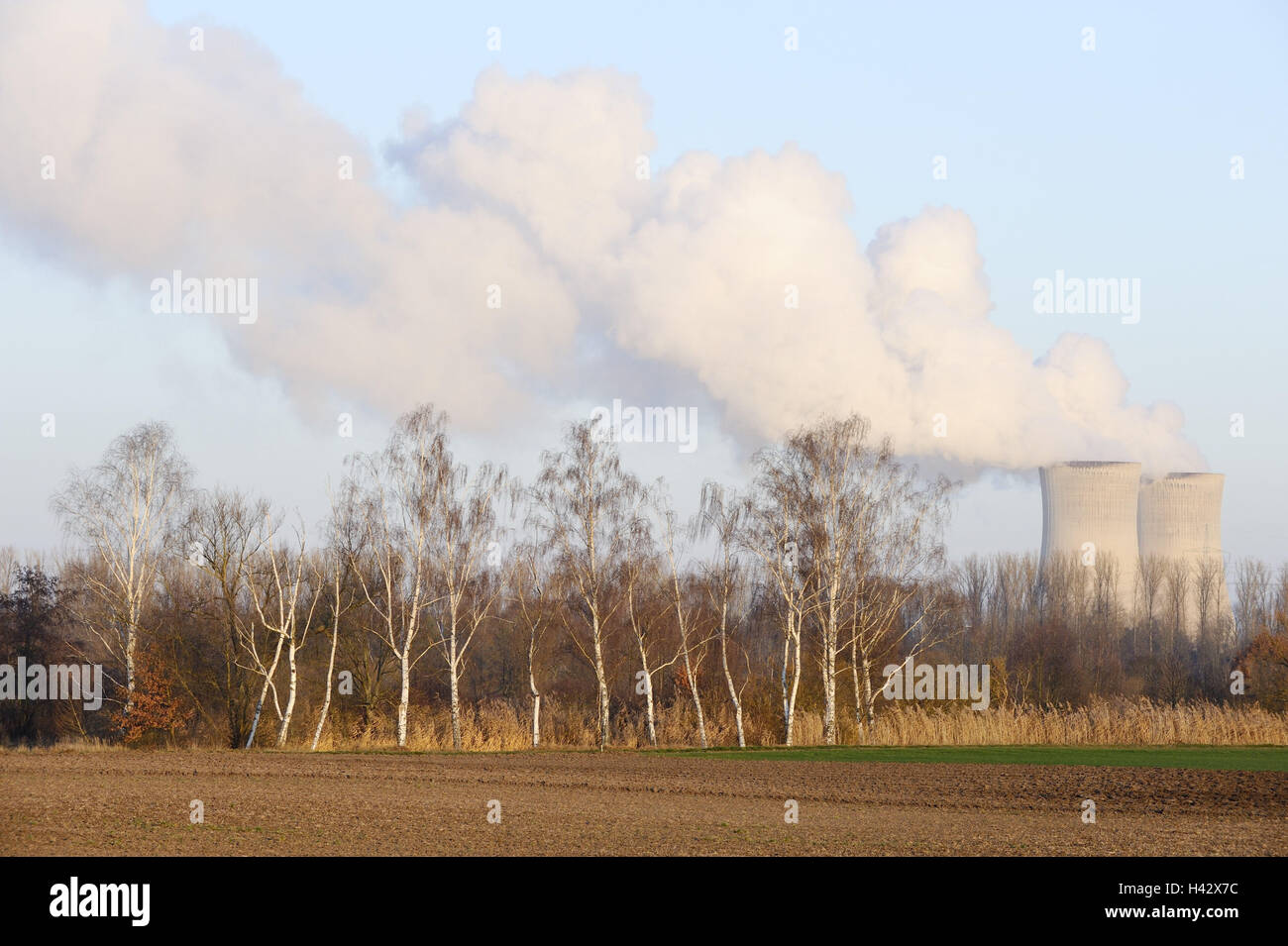 Cooling towers, nuclear power plant Grafenrheinfeld (town), Lower Franconia, Bavaria, Germany, Stock Photo