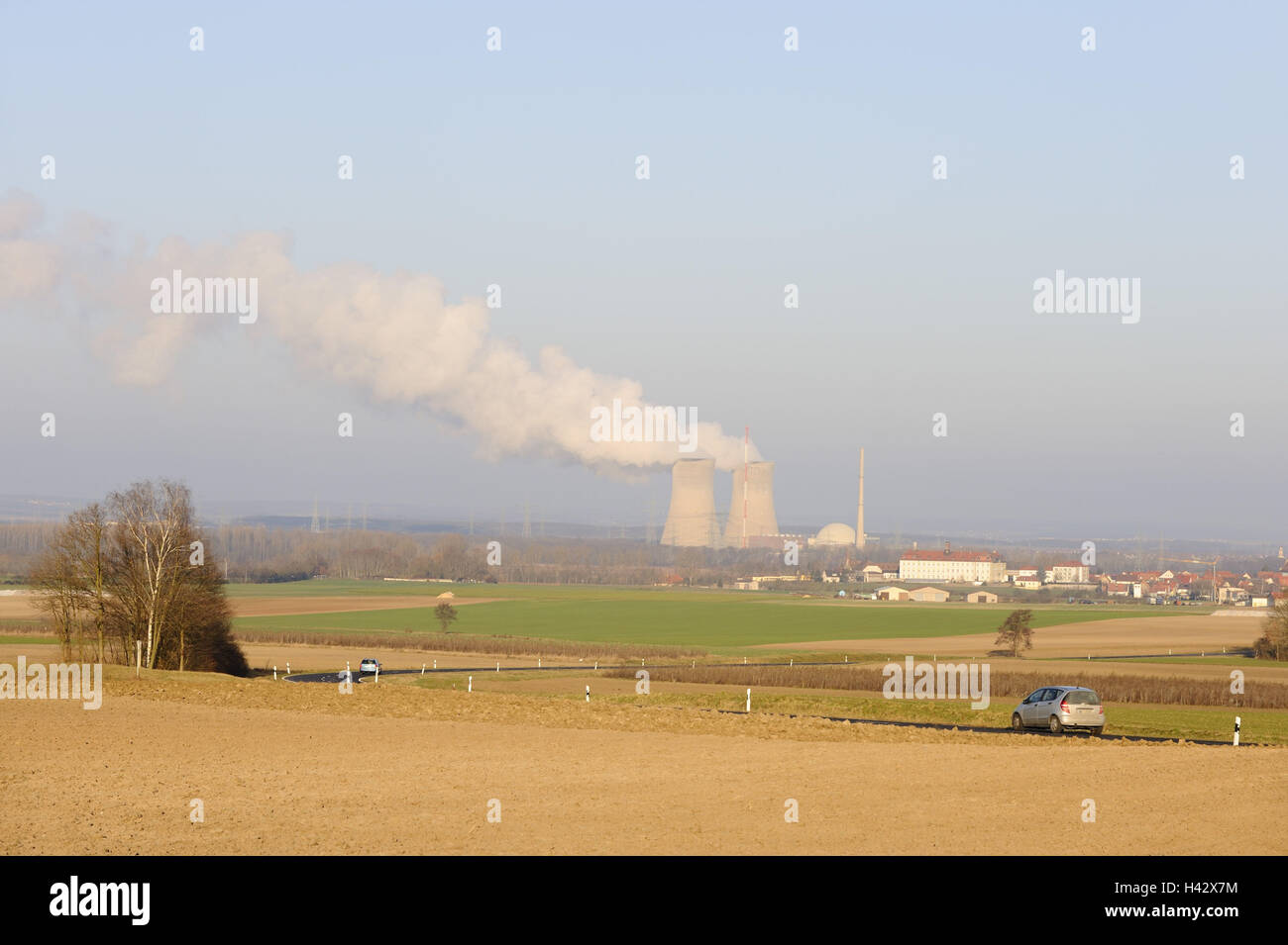 Field scenery, nuclear power plant field Grafenrhein, Lower Franconia, Bavarians, Germany, Stock Photo