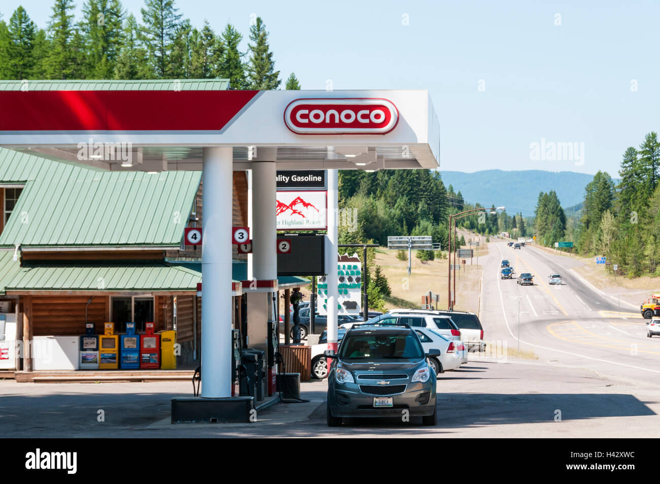 A Conoco filling station beside a road in Montana, USA. Stock Photo