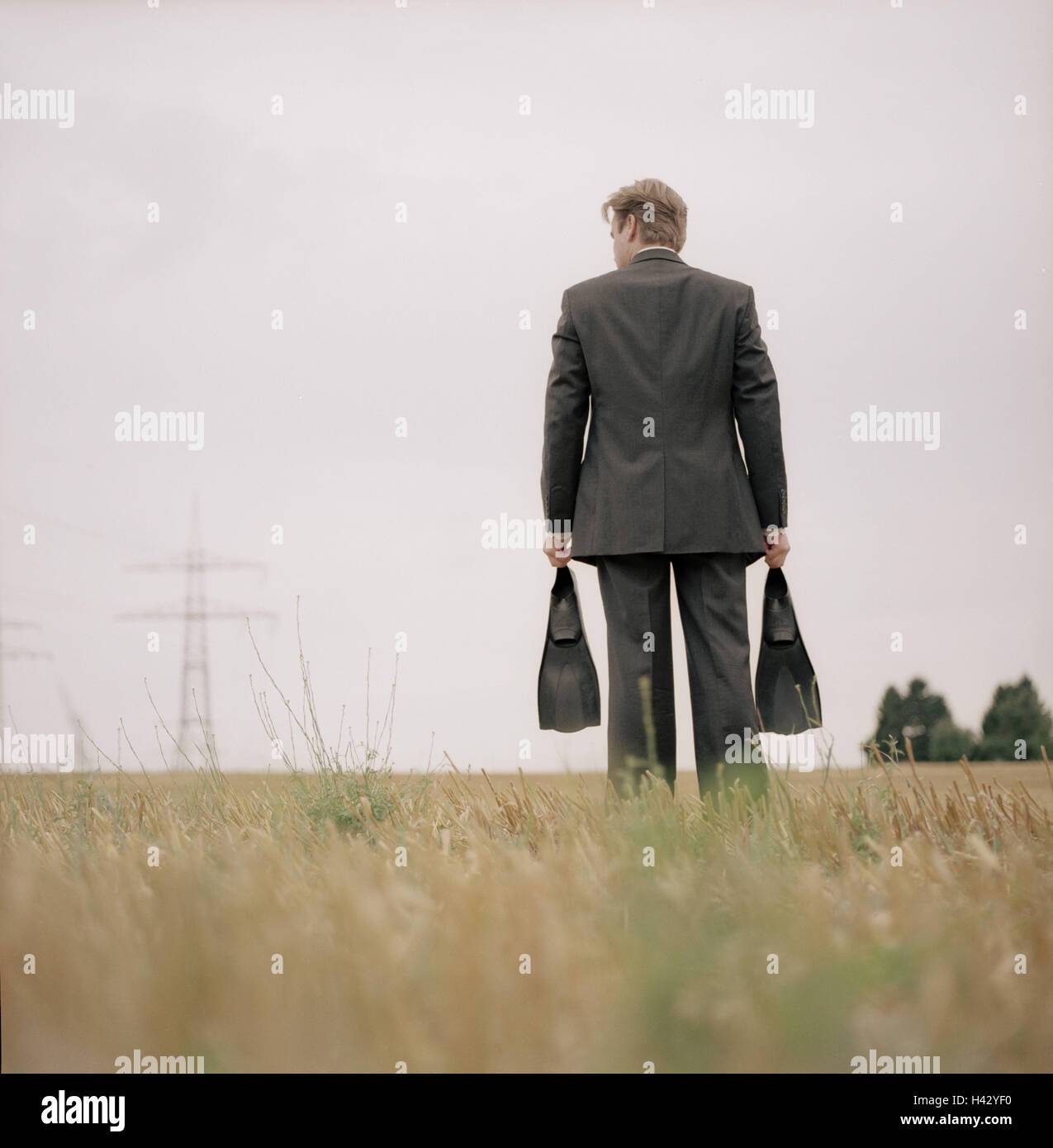Stubble field, manager, back view, fins, hold, drifting, man, businessman, 30-40 years, drop-outs, ready for of a holiday, reworks, working-tiredly, longing, business, everyday flight, wish, dream, freedom, hopelessness, frustration, anxiety about the fut Stock Photo