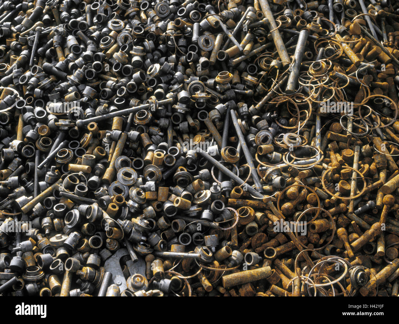 Scrap yard, iron cuts, rusts, detail, iron scrap metal, scrap metal, steel, rolling, screwing, sleeves, steel pens, recycling, recycling, re-use, rust, flight rust, scrap iron, collective place, scrap metal, corrosion, background, Still life Stock Photo