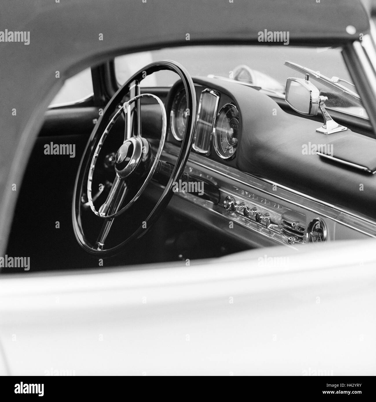 Car, old-timer, Mercedes, cabriolet, detail, cockpit, tax, dash board, b/w, only editorially! Vehicle, passenger car, historically, nostalgically, nostalgia, old, in an old-fashioned way, producer, Mercedes Benz, Collector's item, expensive, exclusively, Stock Photo
