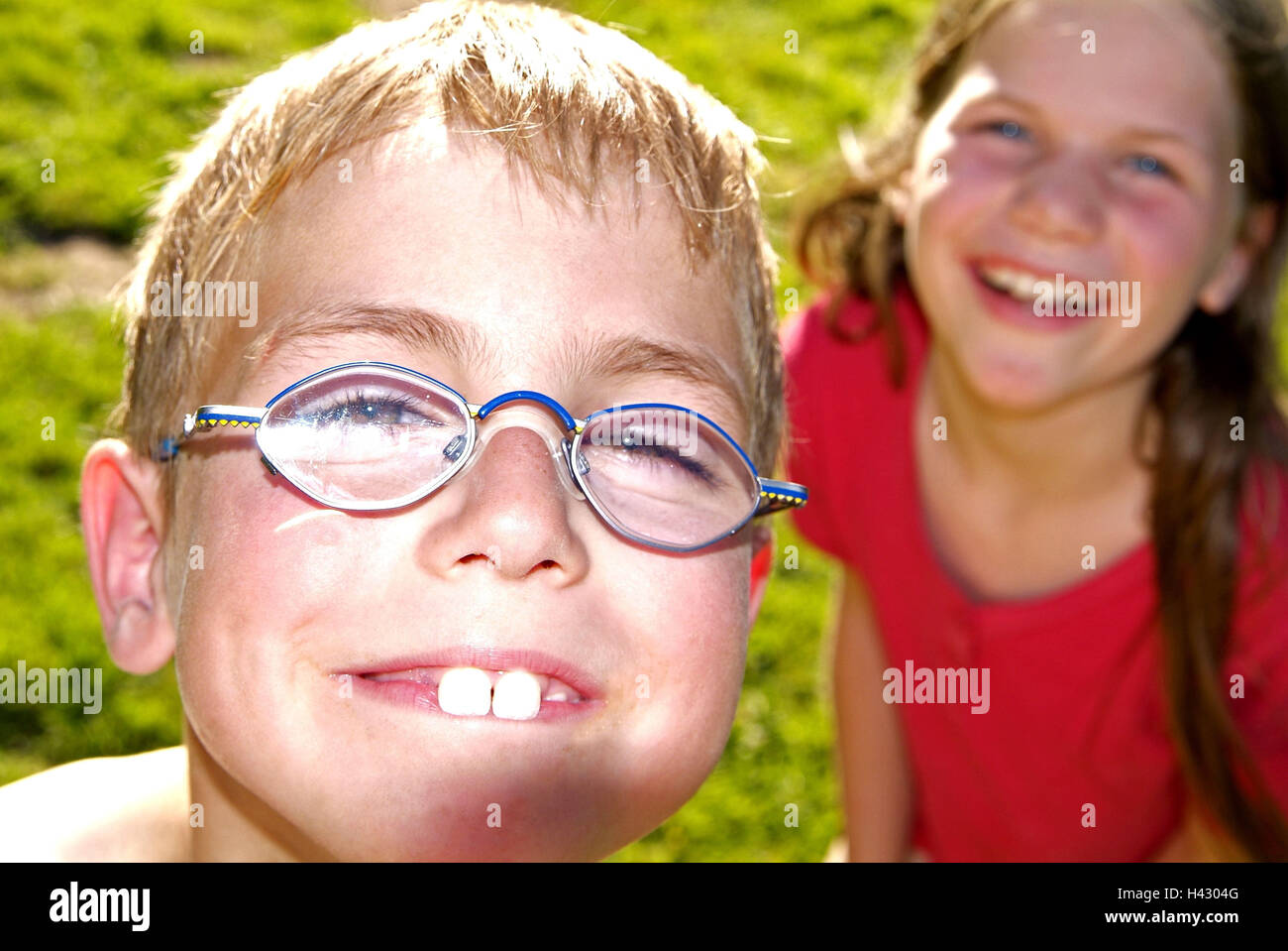 Garden, boy, glasses, girls, happy, Portrait, fuzziness, Children, two