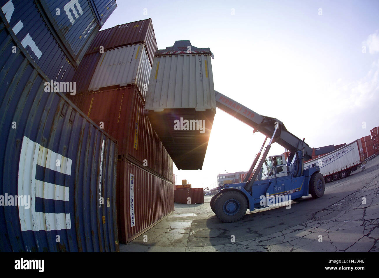 Germany, Hamburg, Containerhafen, Penance Hanseatic league terminal, transporter,, Containers, back light, Europe, Hanseatic town, city, seaport, Frachthafen,  Harbor, place of transshipment, BHT, multi Purpose terminal,  Shipping, vehicle, Reachstacker, Containerstapler, transportation, freight, freight, stowing, export, import, transportation, Cargo, logistics, economy, Stock Photo