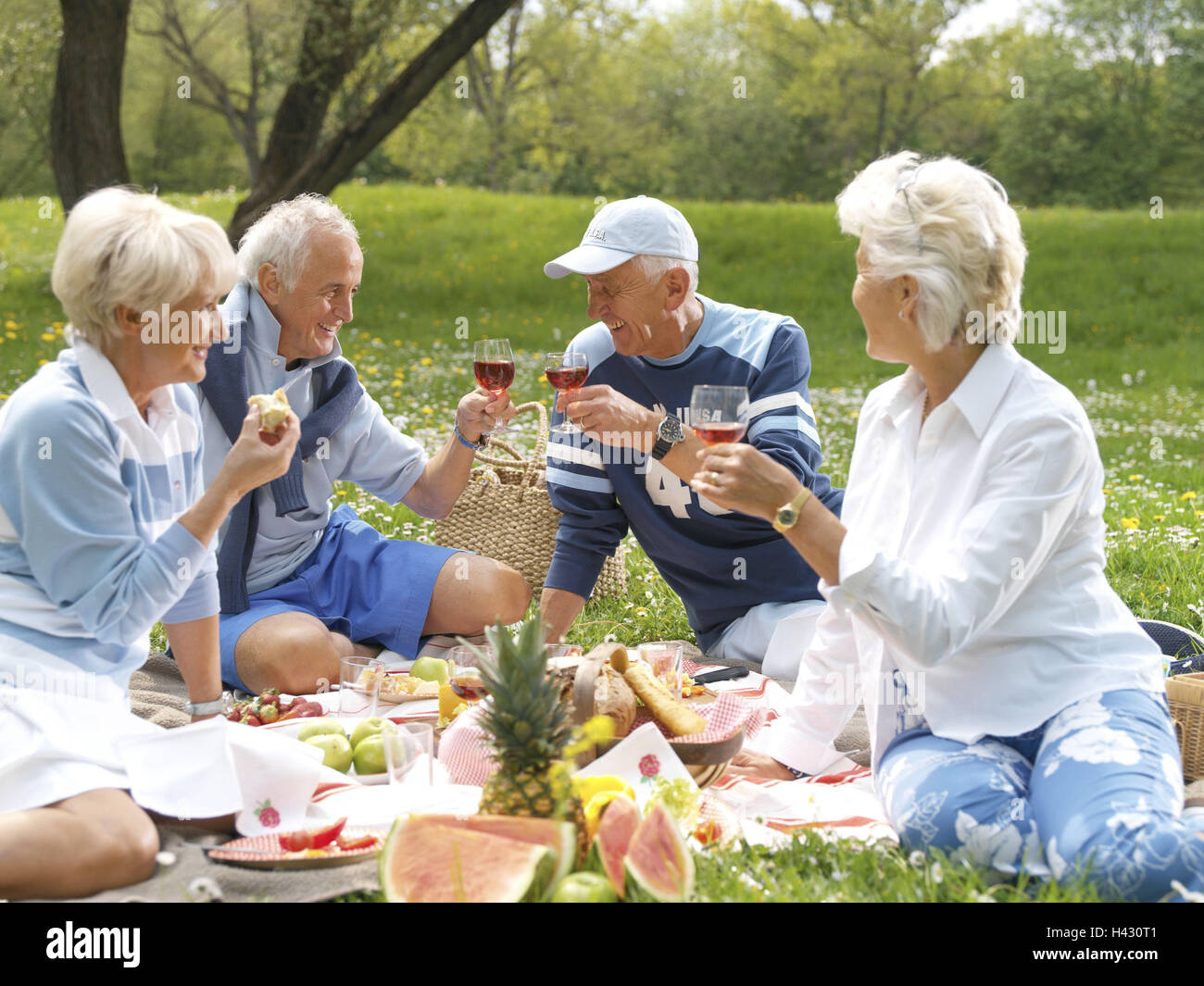 Park, Senior couples, happy, picnic, flower meadow, summer excursion