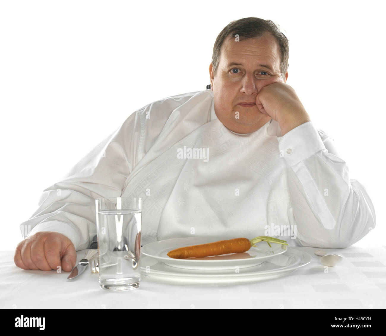 Diet, man, overweight, plate, carrot, thoughtful middle old person, thickly, bold, overweight, unhealthily, injuriously, adiposity, obesity, fatly, obesity, health risk, head rest on, table, dining table, covered, glass, water, water glass, cover, carrot, Stock Photo