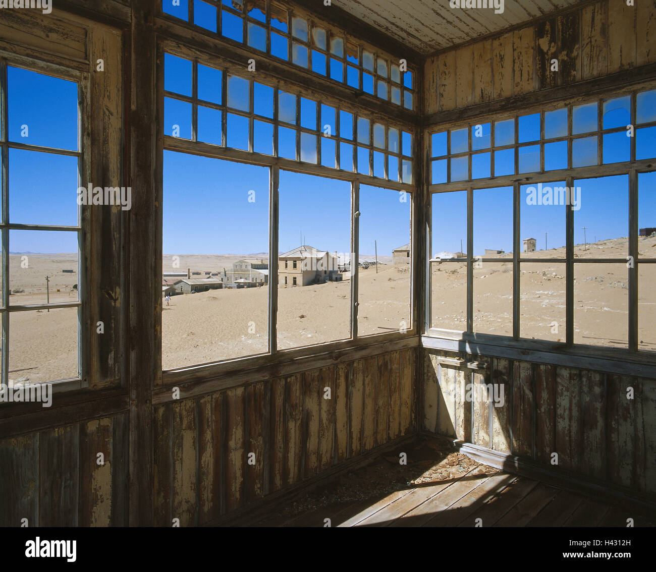 Namibia, Lüderitzbucht, Kolmanskop, 'Ghost Town', building, view window, houses South-West, Africa, ghost town, Kolmanskuppe, timber houses, destination, place of interest, tourist attraction Stock Photo