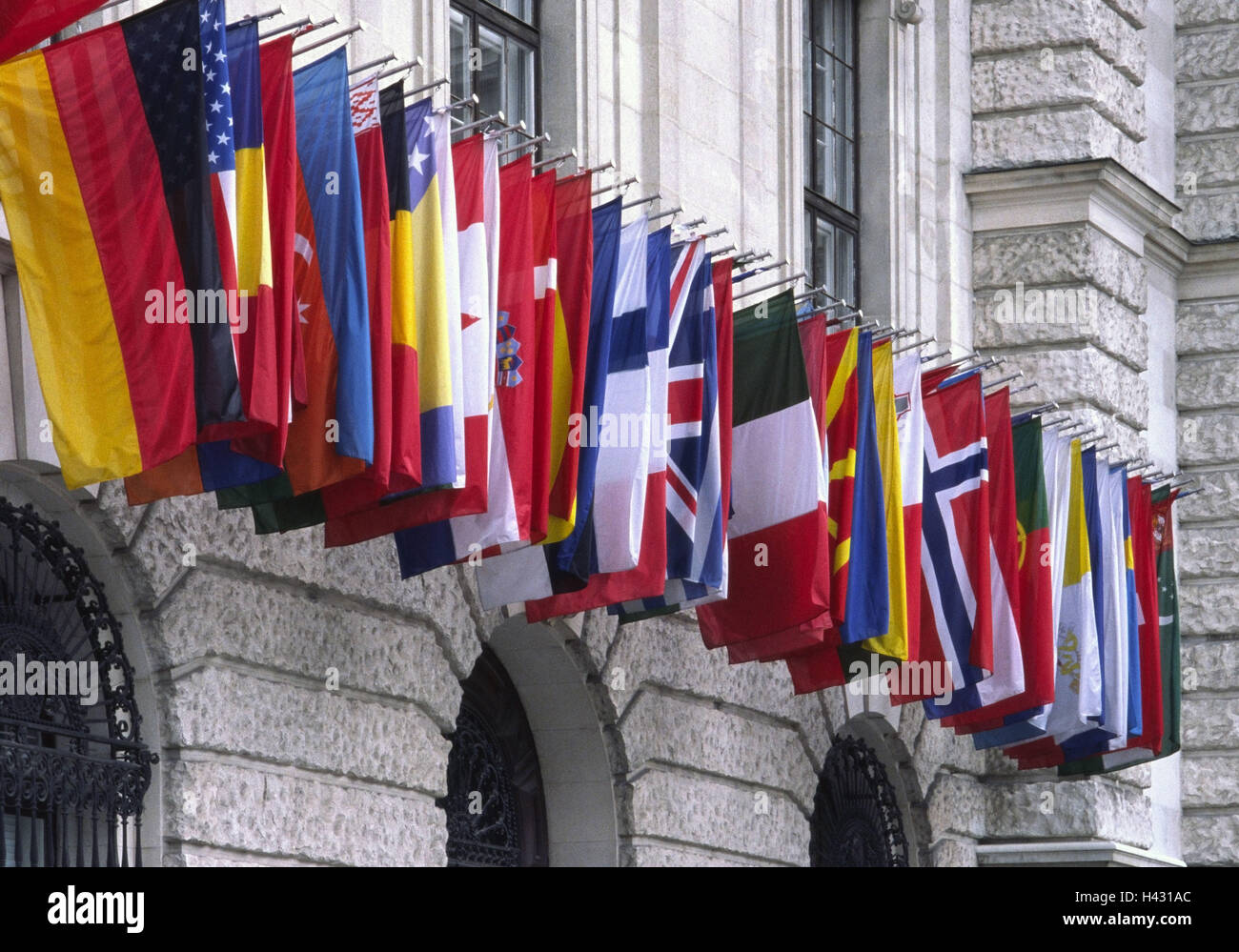 Austria, Vienna, new Hofburg, facade, detail, flags, Europe, town, capital, building, curves, windows, flags, flag, flags of the country, flags of the country, national flags, national flags, parliament, architecture, nations, outside Stock Photo
