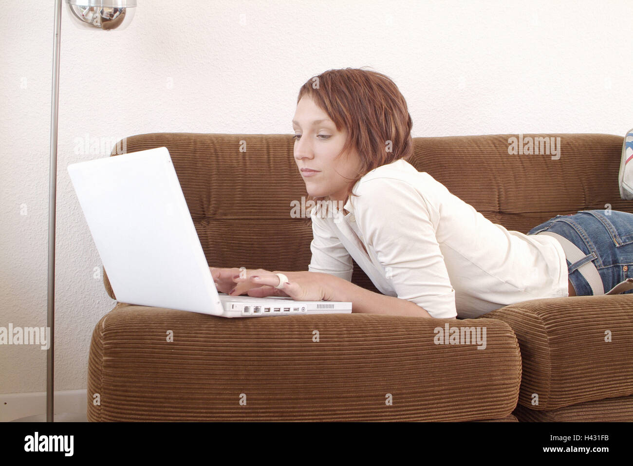 Sofa Woman Young Seriously Take It Easy Laptop Data
