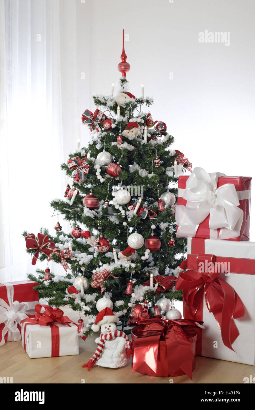 Living rooms, Weihnachtsbaum,   Gifts  Christmas, Christmas tree, Bescherung, Surprises, Christmas gifts, red-white, gives, gives away, christmassy, interior Stock Photo