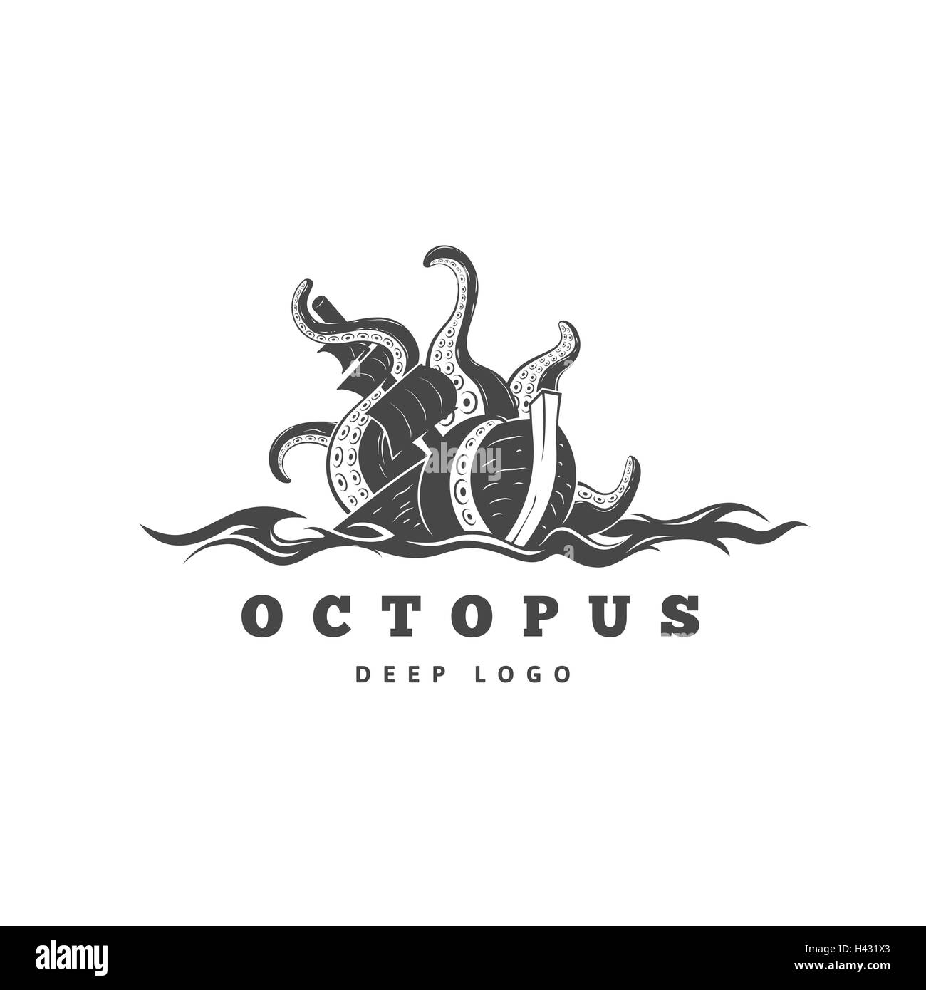 Giant evil kraken logo, silhouette octopus sea monster with tentacles Stock Vector
