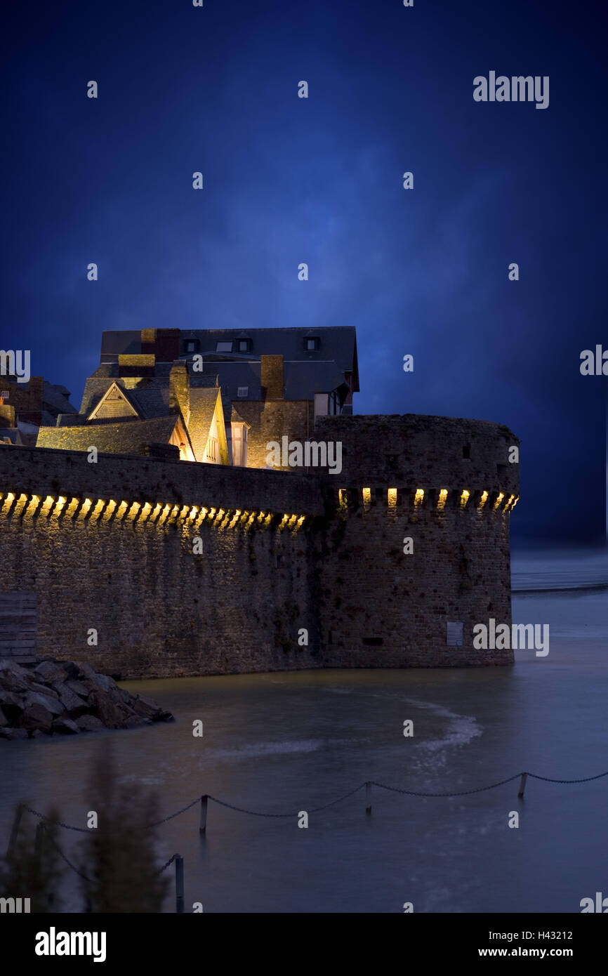 France, Normandy, Manche, Mont Saint-Michel, fortification, wall, the Atlantic, evening, Stock Photo